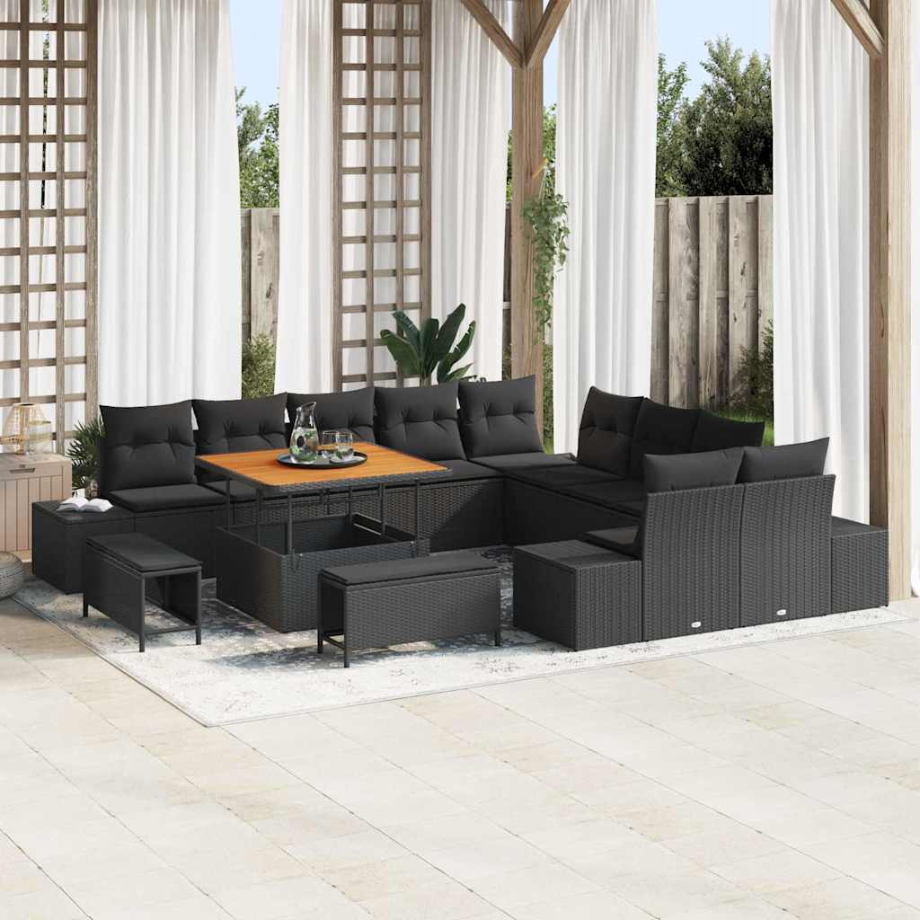 vidaXL Conjunto de sofás de jardín 13 uds. Negro ratán sintético