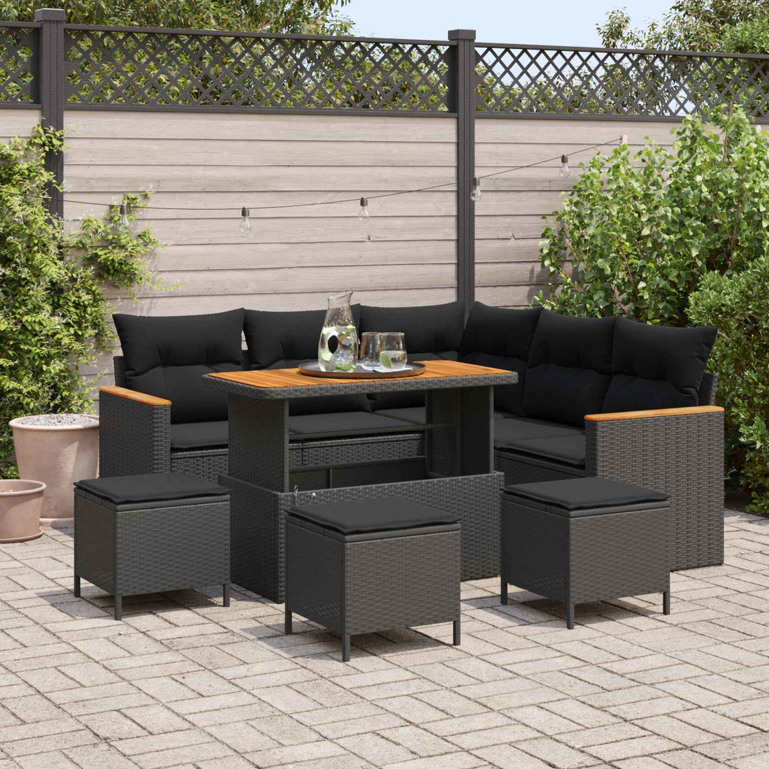 vidaXL Conjunto de sofás de jardín 9 uds. Negro ratán sintético
