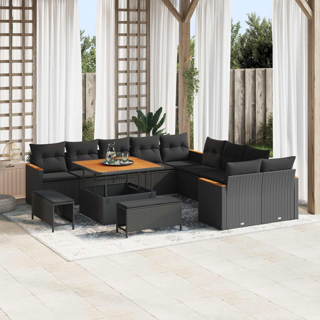vidaXL Conjunto de sofás de jardín 13 uds. Negro ratán sintético