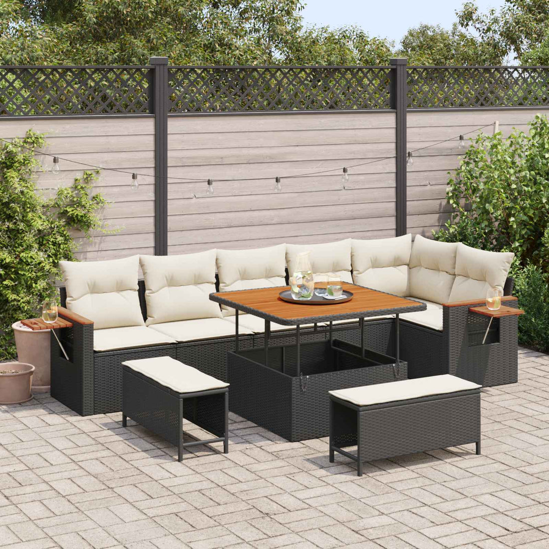vidaXL Conjunto de sofás de jardín 9 uds. Negro ratán sintético