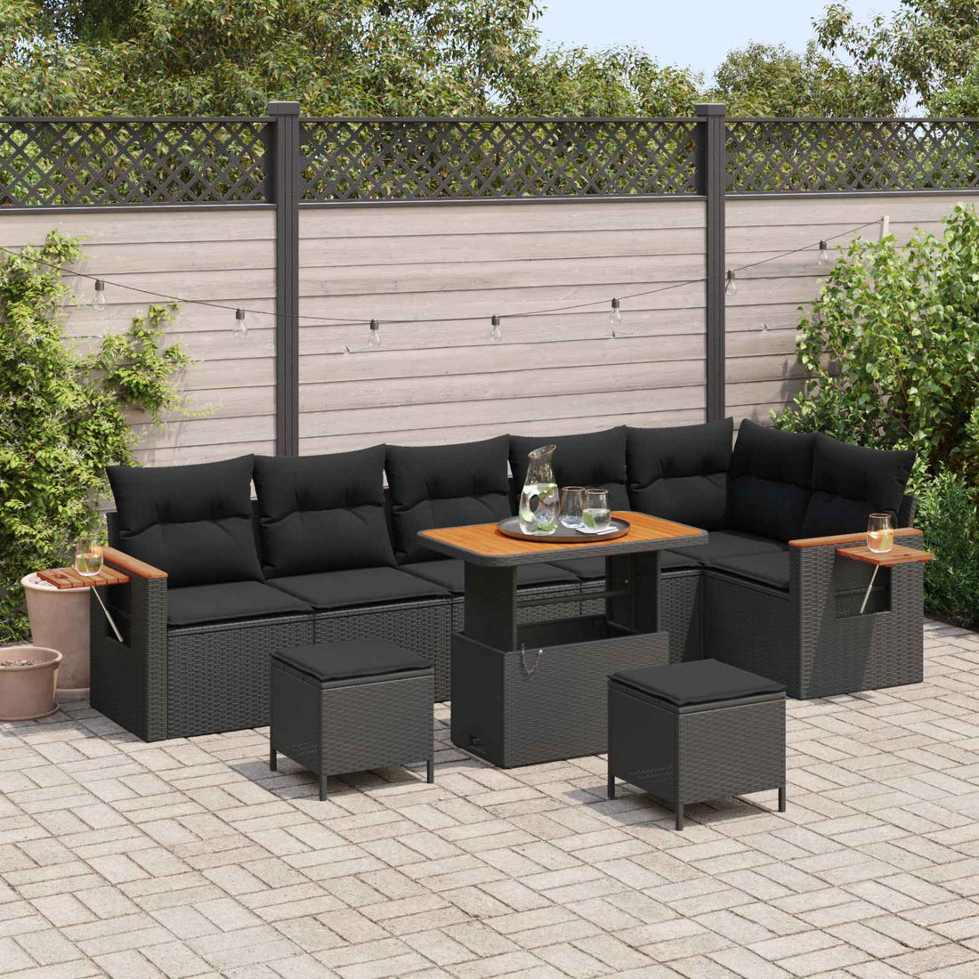 vidaXL Conjunto de sofás de jardín 9 uds. Negro ratán sintético