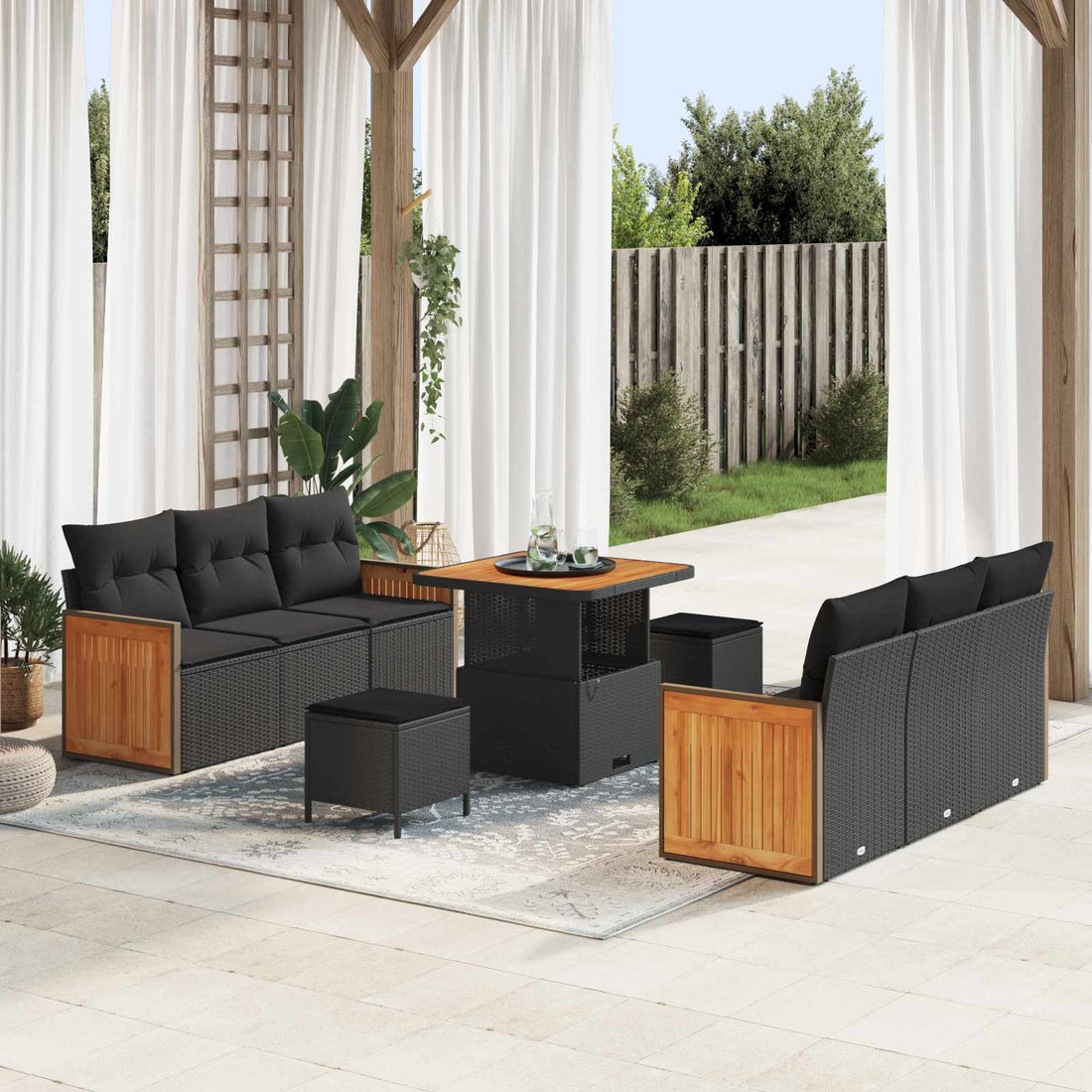 vidaXL Conjunto de sofás de jardín 9 uds. 8-Número de plazas Negro