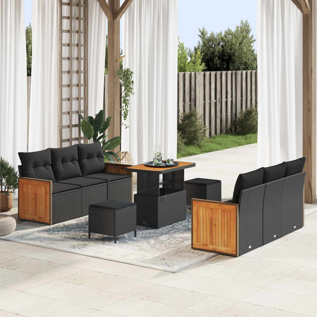 vidaXL Conjunto de sofás de jardín 9 uds. 8-Número de plazas Negro