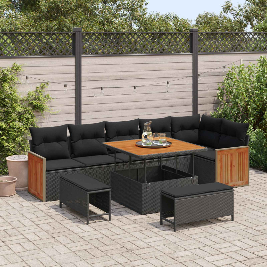 vidaXL Conjunto de sofás de jardín 9 uds. 9-Número de plazas Negro