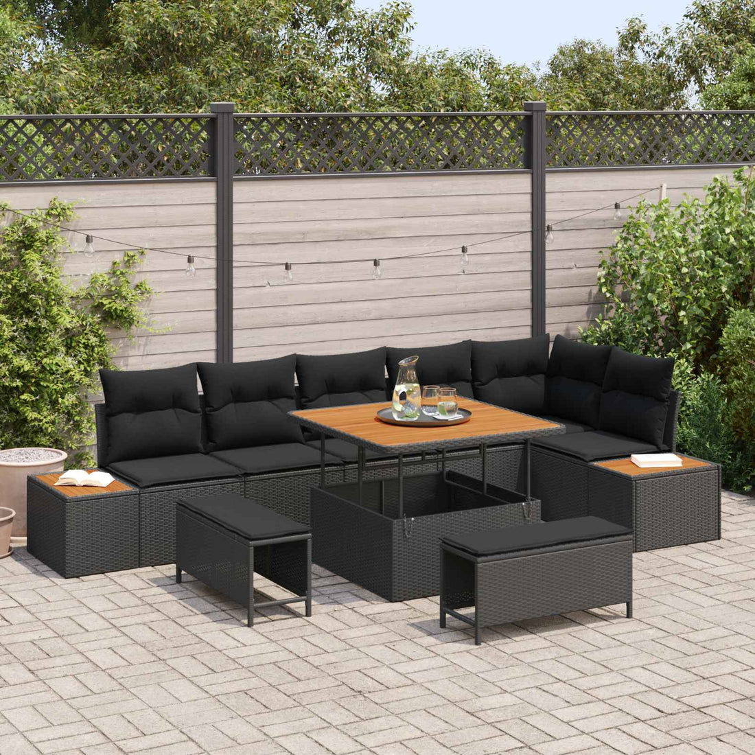 vidaXL Conjunto de sofás de jardín 9 uds. 8-Número de plazas Negro