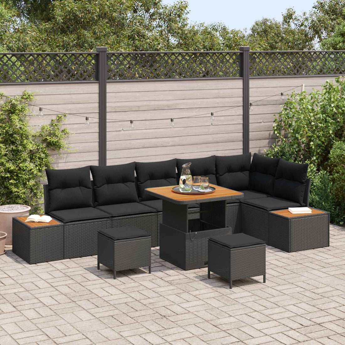 vidaXL Conjunto de sofás de jardín 9 uds. 8-Número de plazas Negro