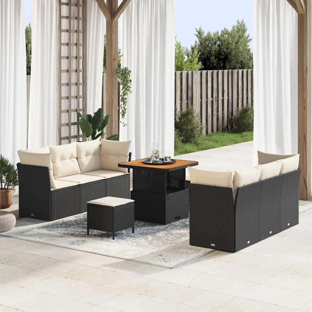 vidaXL Conjunto de sofá de jardín 9 pcs Negro y crema ratán sintético