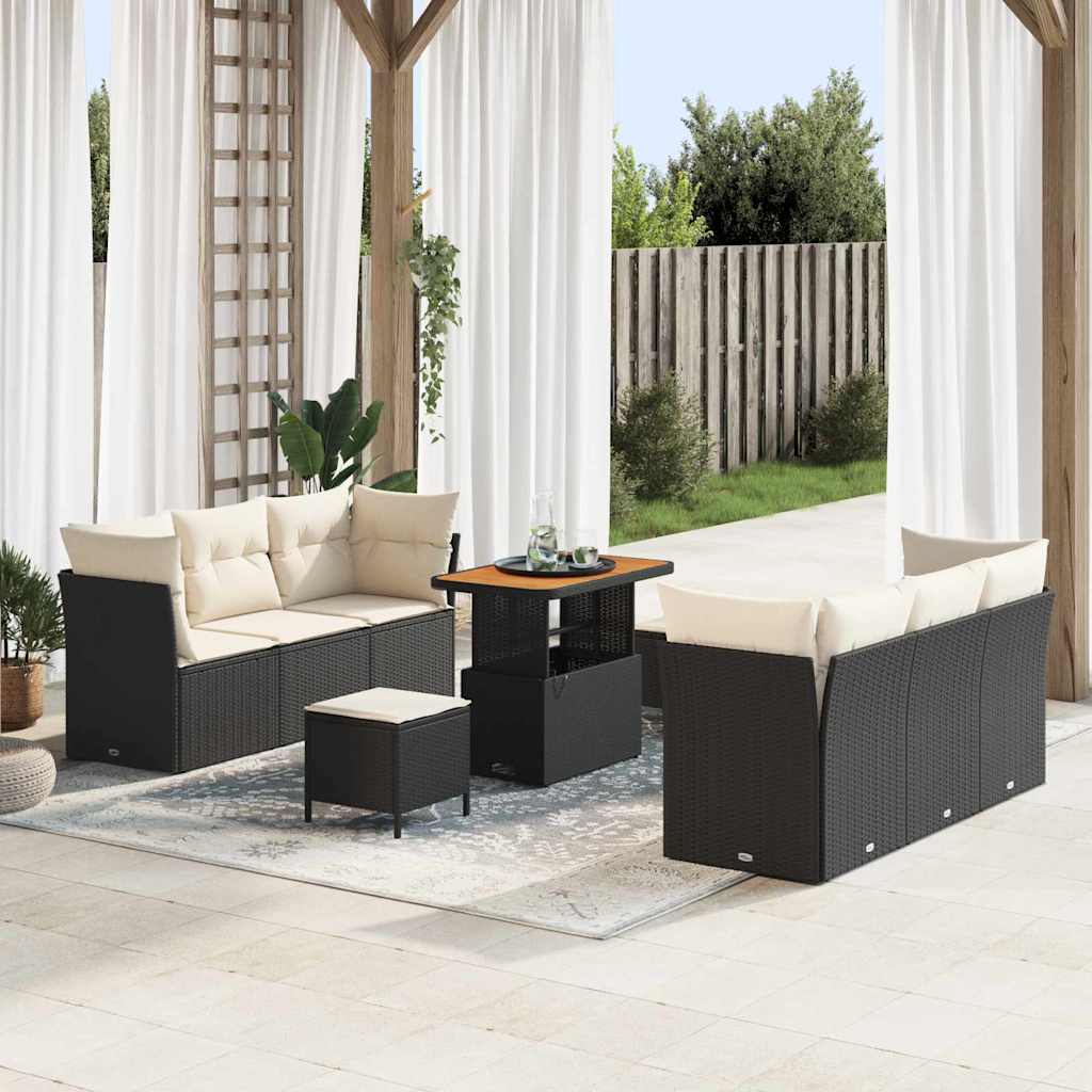 vidaXL Conjunto de sofá de jardín 9 pcs Negro y crema ratán sintético