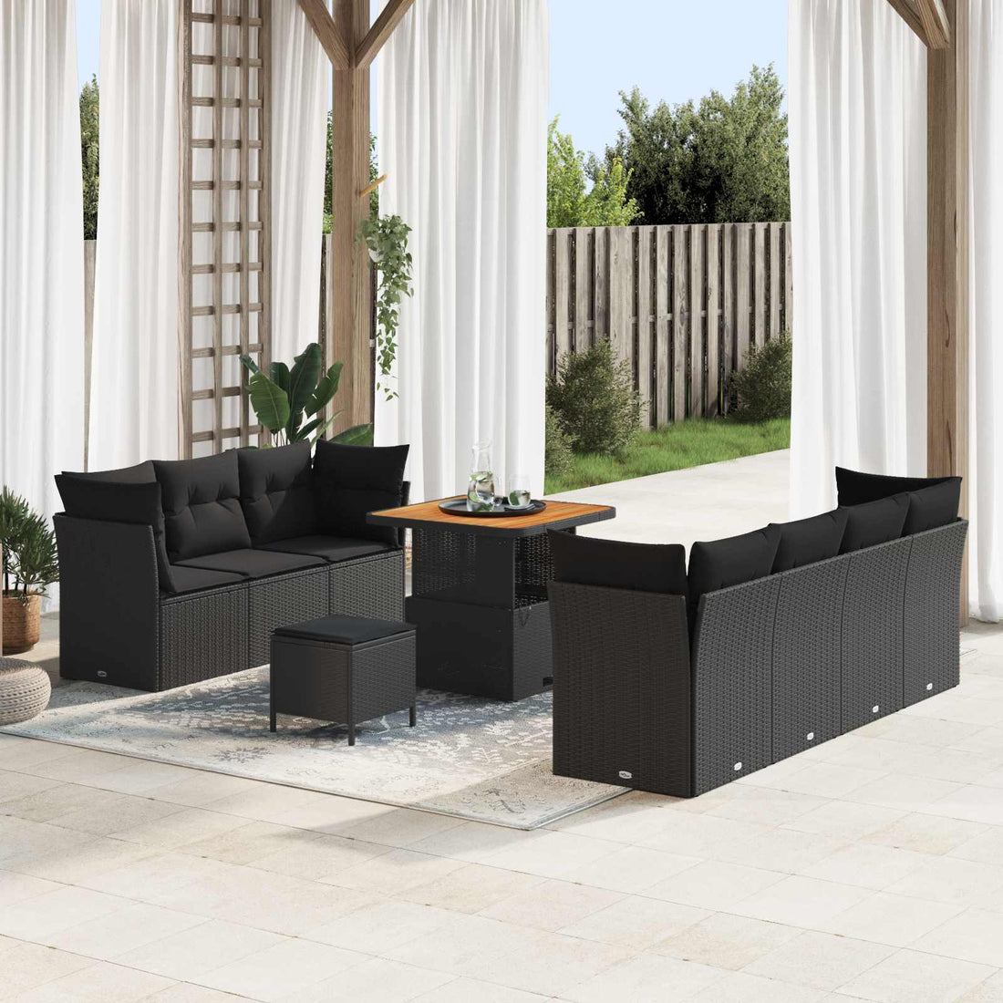 vidaXL Conjunto de sofá de jardín con cojín Manual 10 pcs Negro