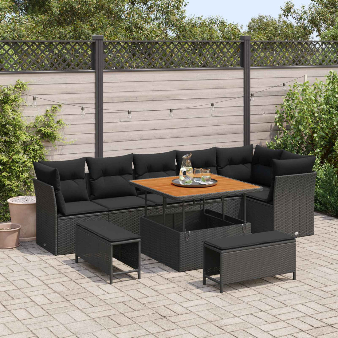 vidaXL Conjunto de sofá de jardín 9 uds. 6-Número de plazas Negro