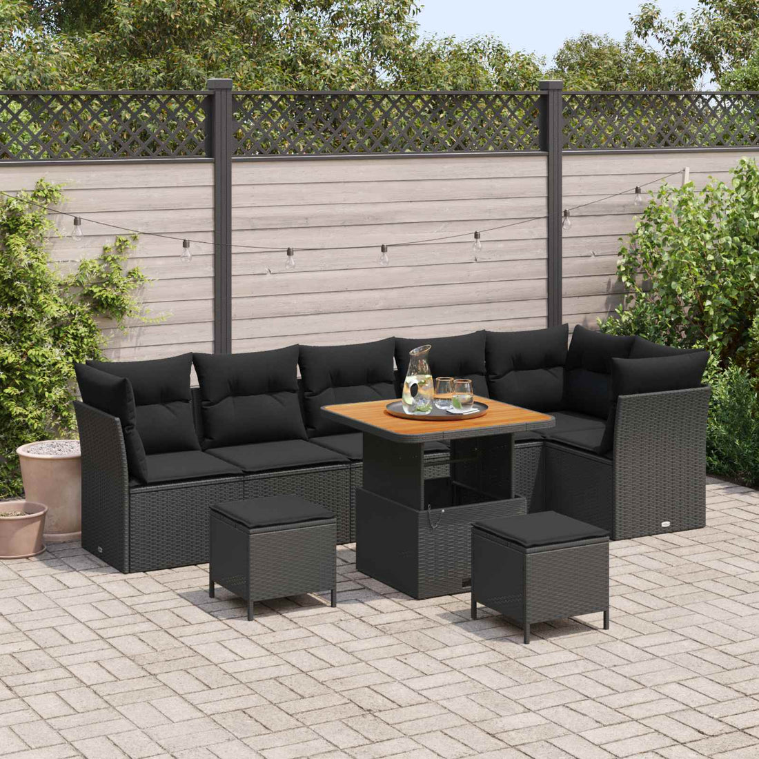 vidaXL Conjunto de sofá de jardín 9 uds. 6-Número de plazas Negro