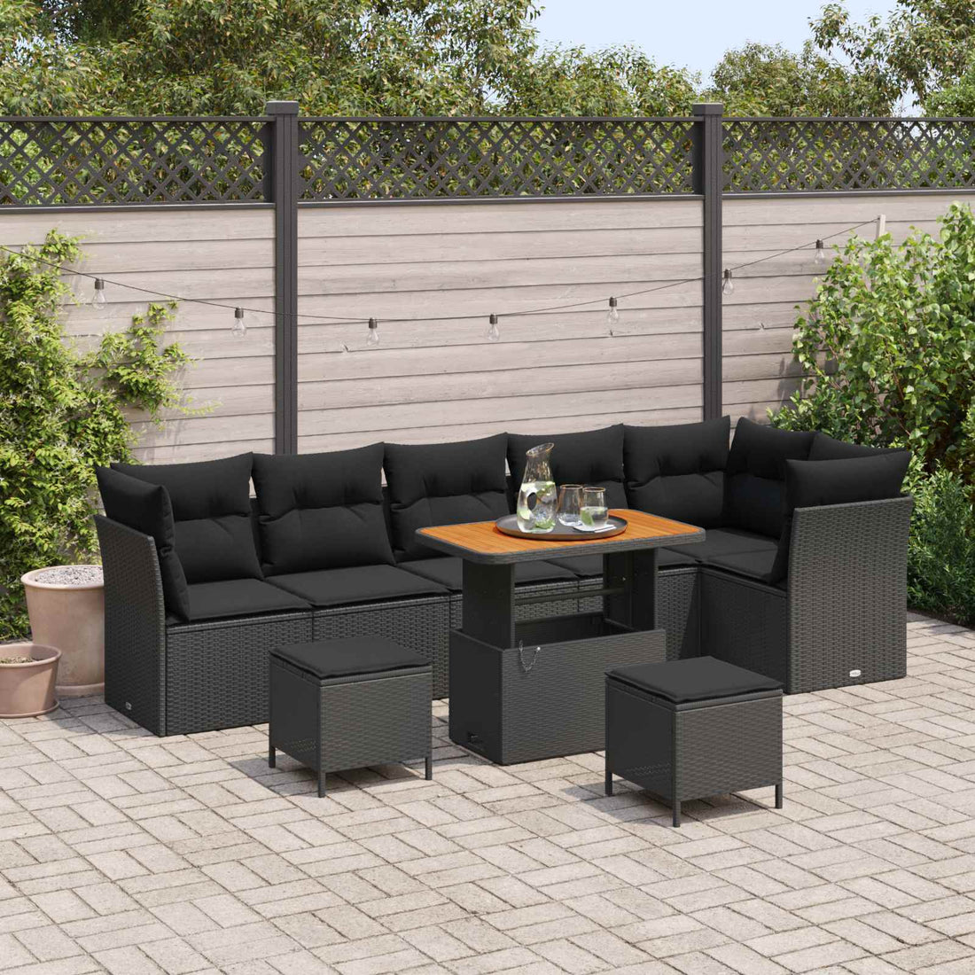 vidaXL Conjunto de sofá de jardín 9 uds. 6-Número de plazas Negro