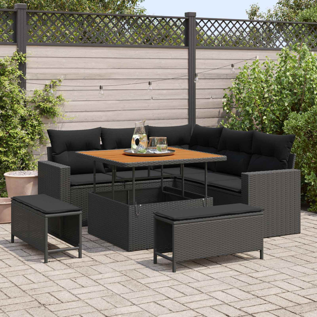 vidaXL Conjunto de sofás de jardín 9 uds. 6-Número de plazas Negro