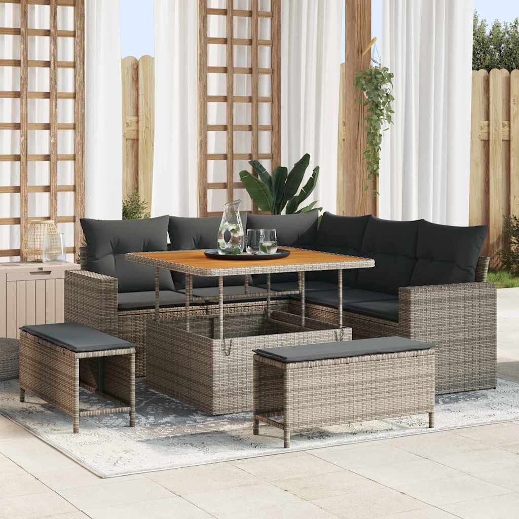 vidaXL Conjunto de sofás de jardín 9 uds. 6-Número de plazas Gris