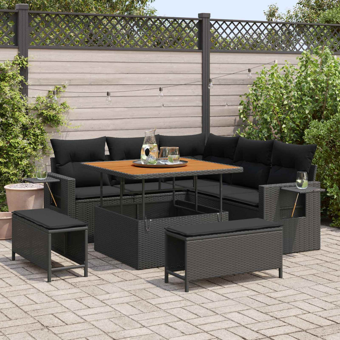 vidaXL Conjunto de sofás de jardín 9 uds. 8-Número de plazas Negro