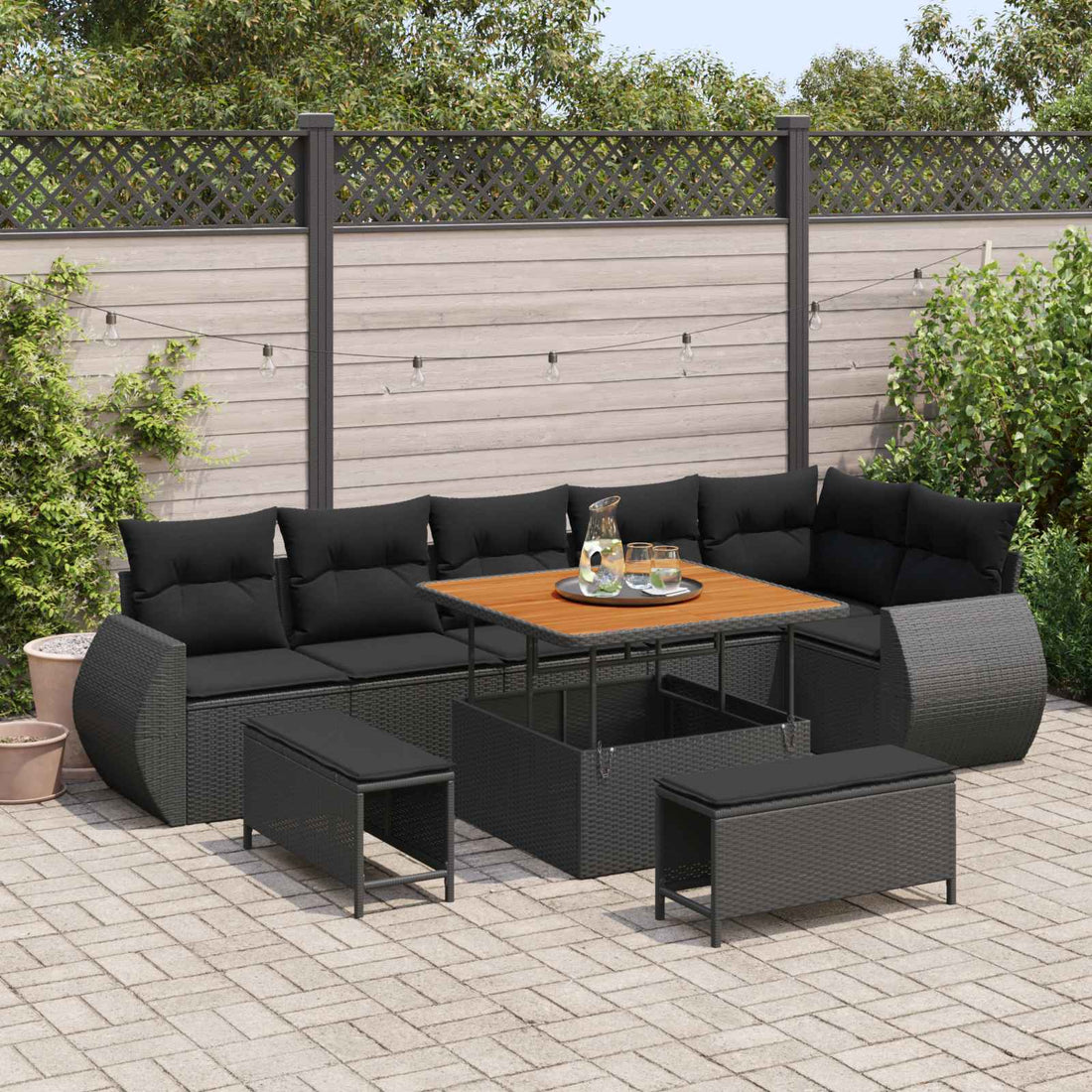 vidaXL Conjunto de sofá de jardín 9 uds. 9-Número de plazas Negro