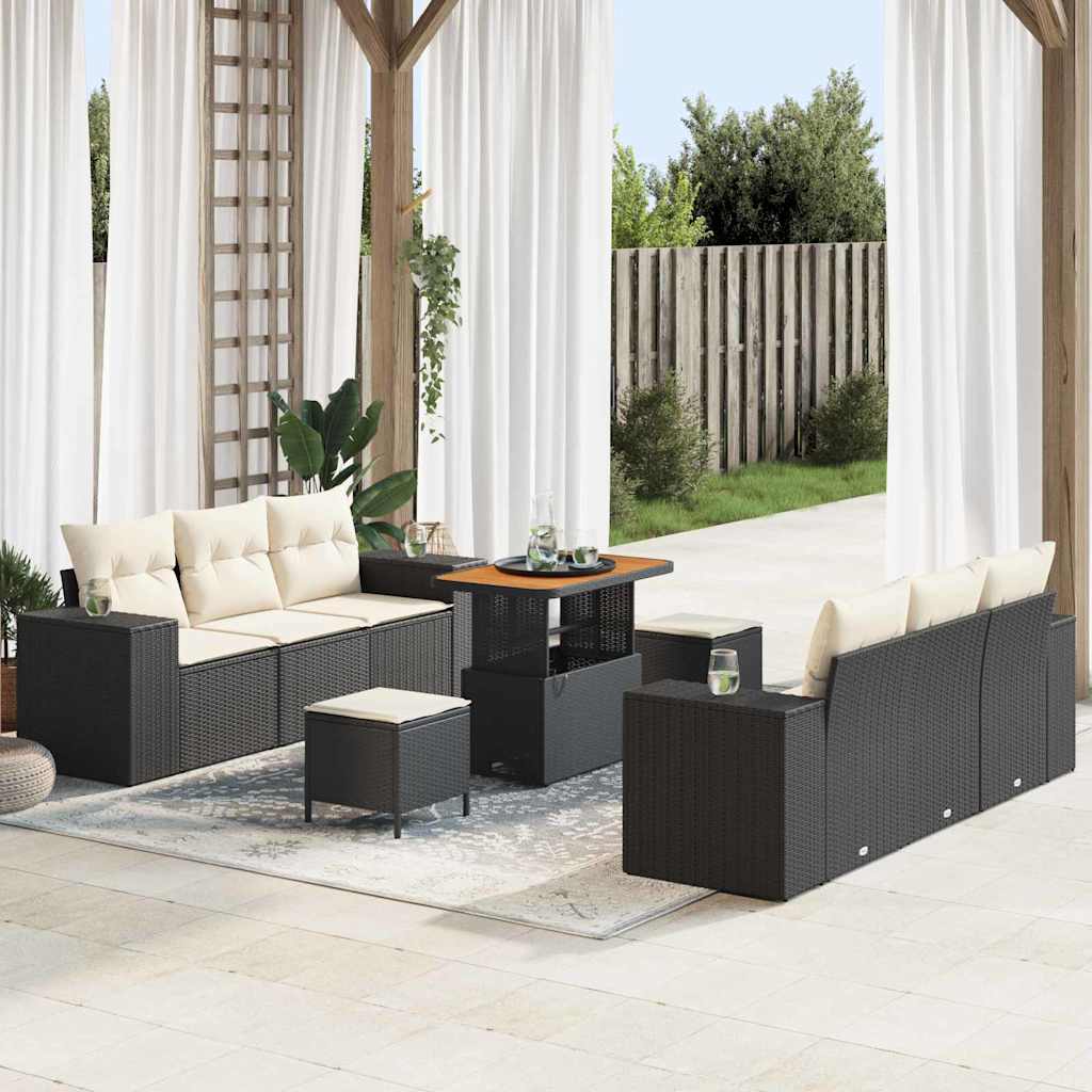 vidaXL Conjunto de sofá de jardín Negro y crema Rattan de Poliéster
