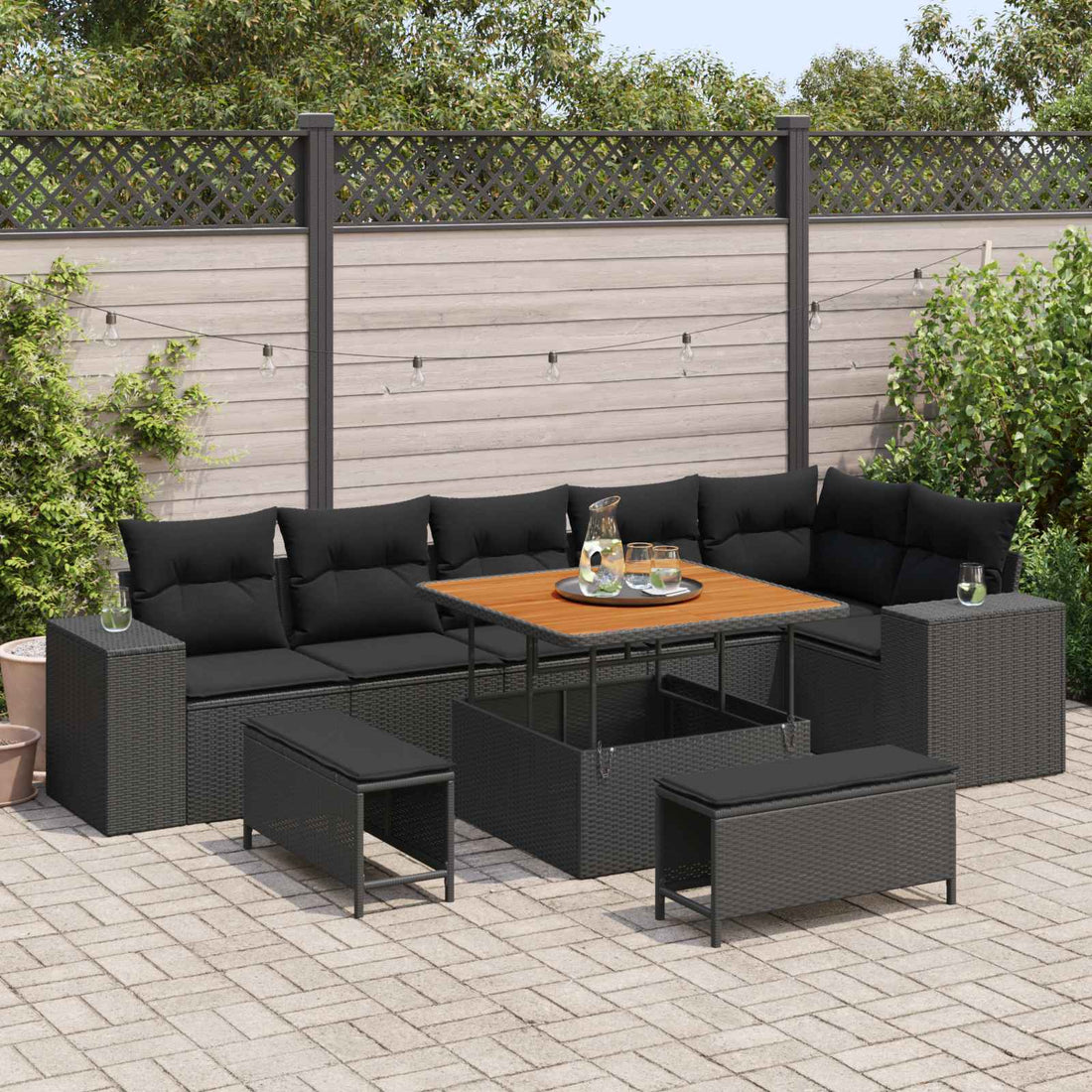 vidaXL Conjunto de sofá de jardín 9 uds. 6-Número de plazas Negro