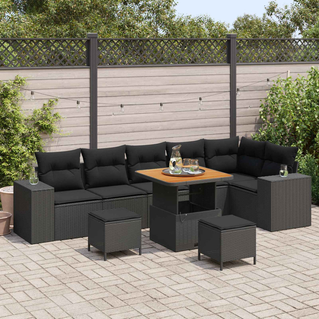 vidaXL Conjunto de sofá de jardín 9 uds. 6-Número de plazas Negro
