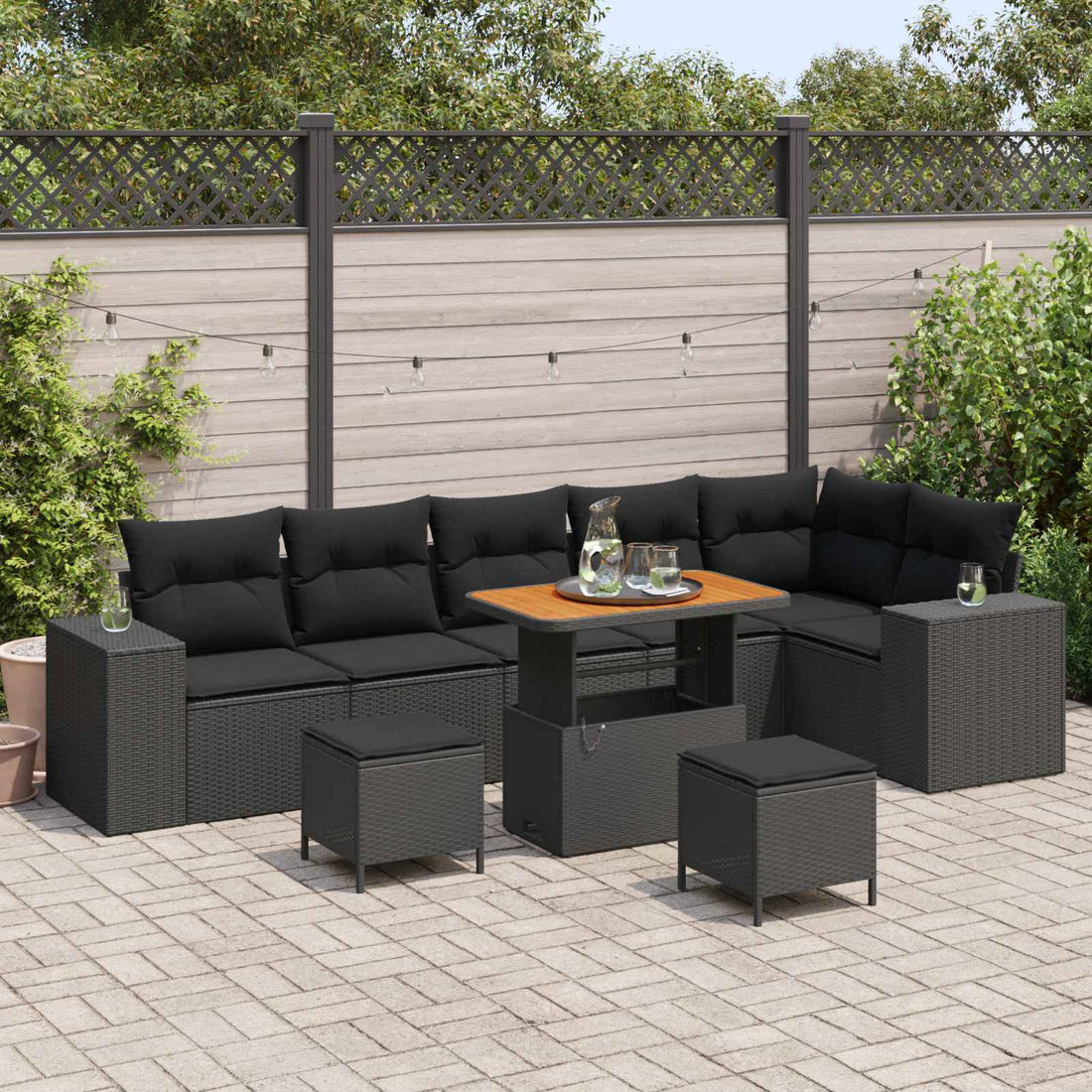 vidaXL Conjunto de sofá de jardín 9 uds. 6-Número de plazas Negro