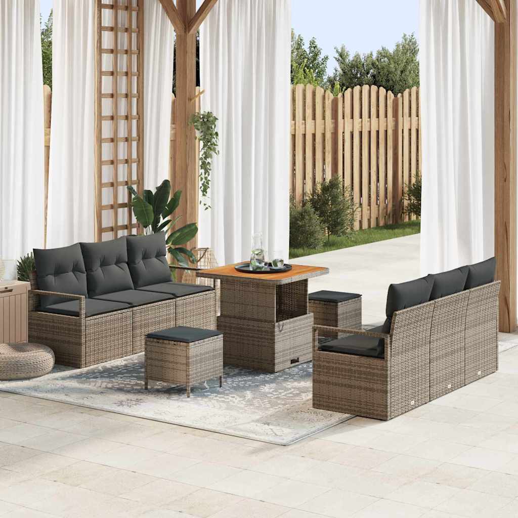 vidaXL Conjunto de sofá de jardín 9 uds. Gris Poliratán