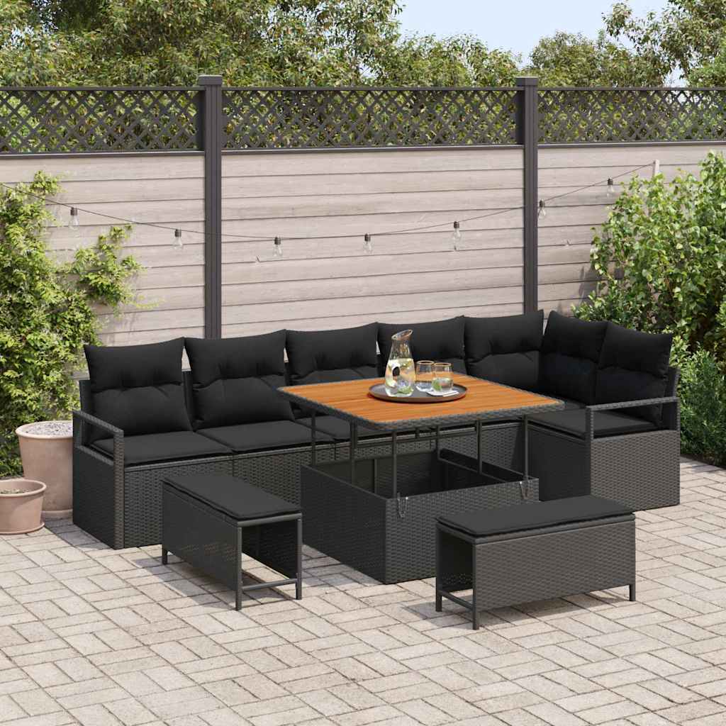 vidaXL Conjunto de sofá de jardín 9 uds. 8-Número de plazas Negro