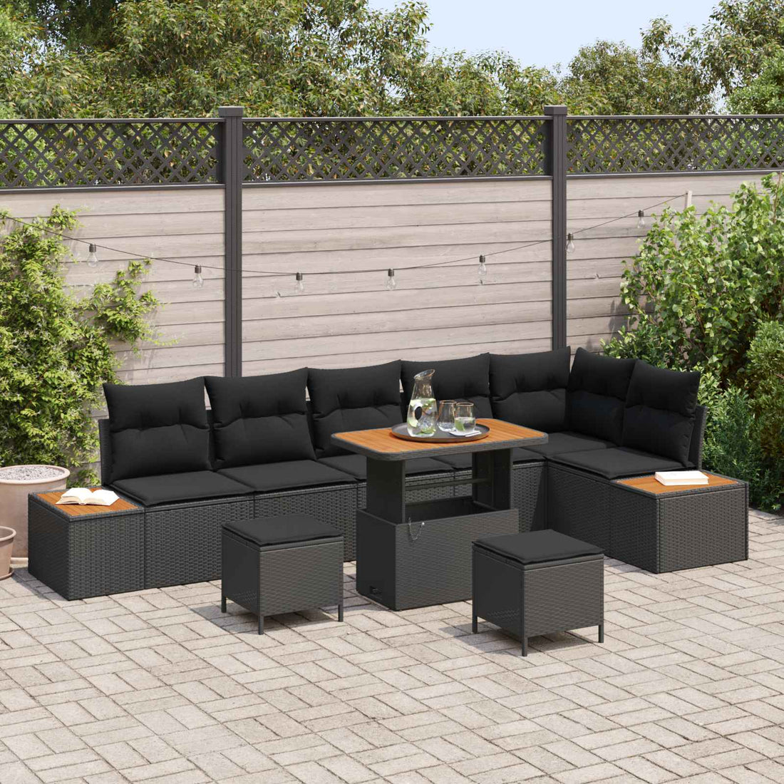 vidaXL Conjunto de sofás de jardín 9 uds. 8-Número de plazas Negro