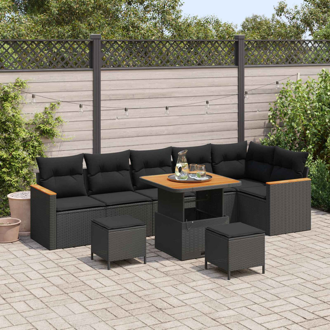vidaXL Conjunto de sofá de jardín 9 uds. 6-Número de plazas Negro