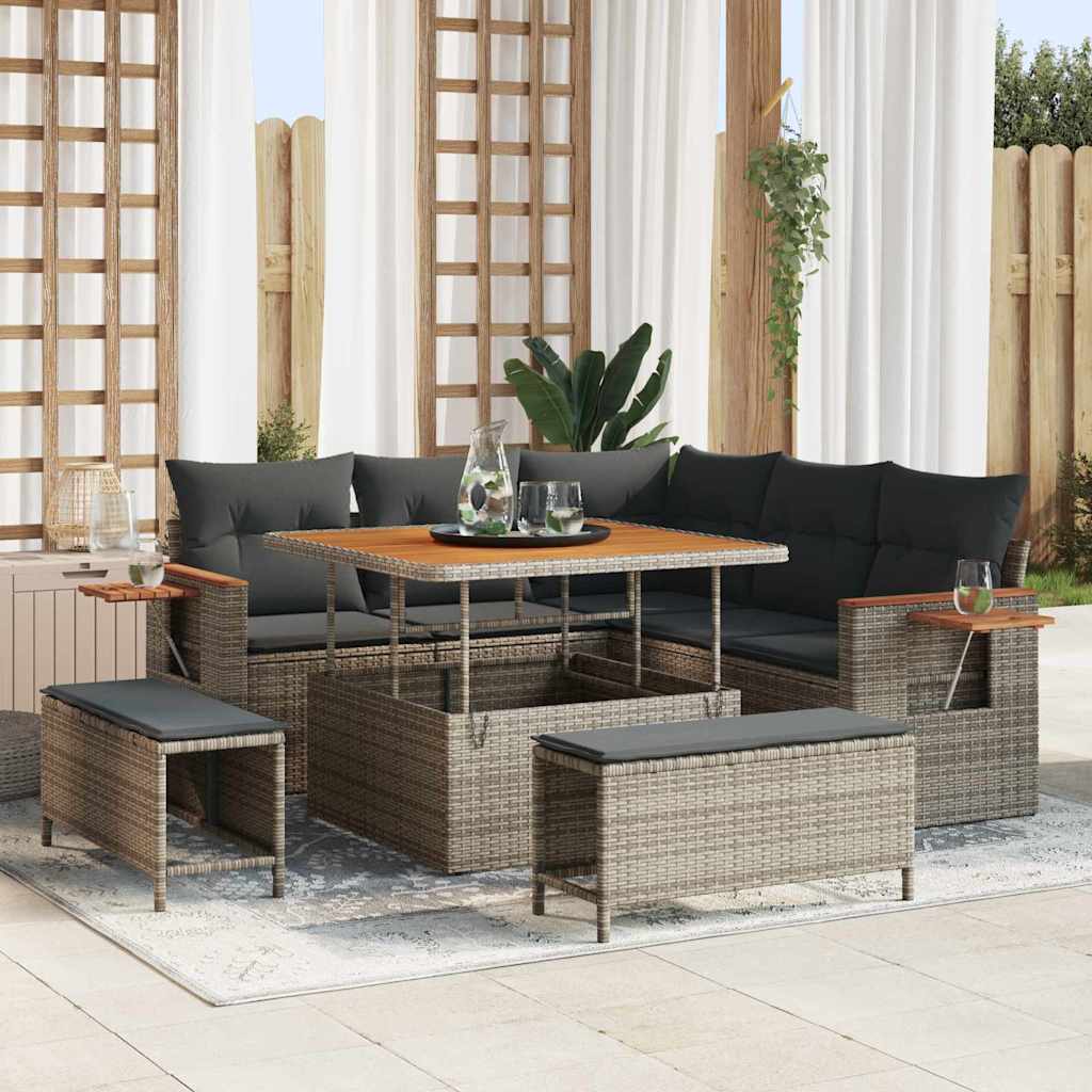 vidaXL Conjunto de sofás de jardín 9 uds. 8-Número de plazas Gris