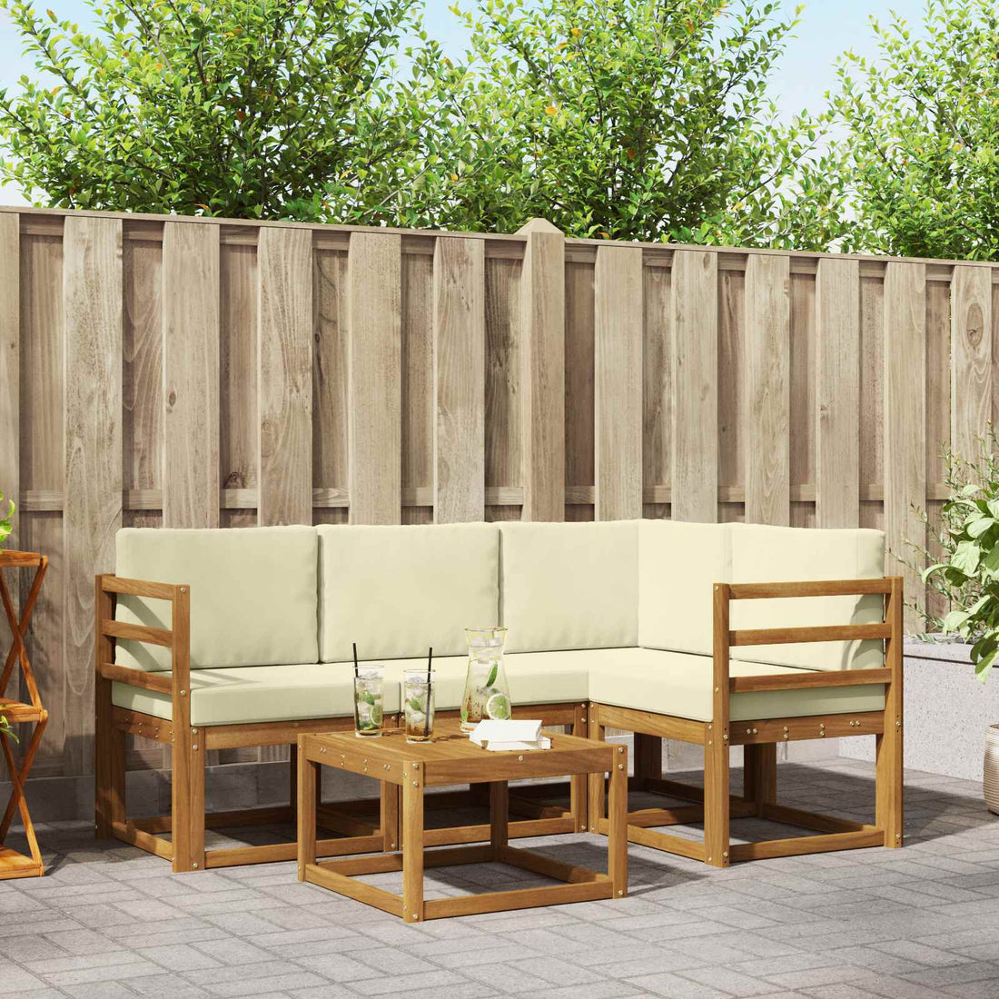 vidaXL Conjunto de sofás de exterior 5 uds. Natural y Crema