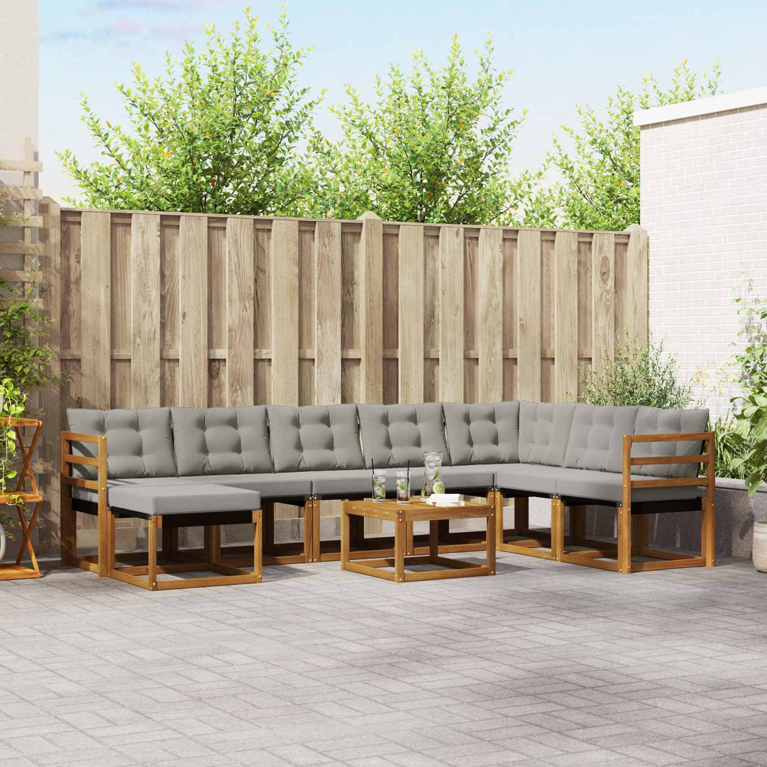 vidaXL Conjunto de sofás de exterior 9 uds. Natural y Gris Claro