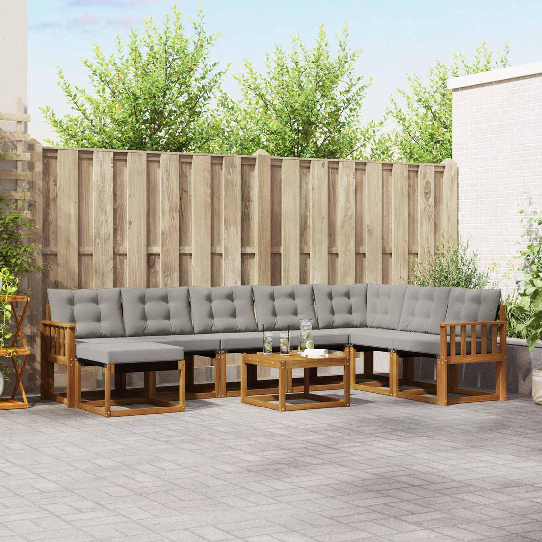 vidaXL Conjunto de sofás de exterior 9 uds. Natural y Gris Claro