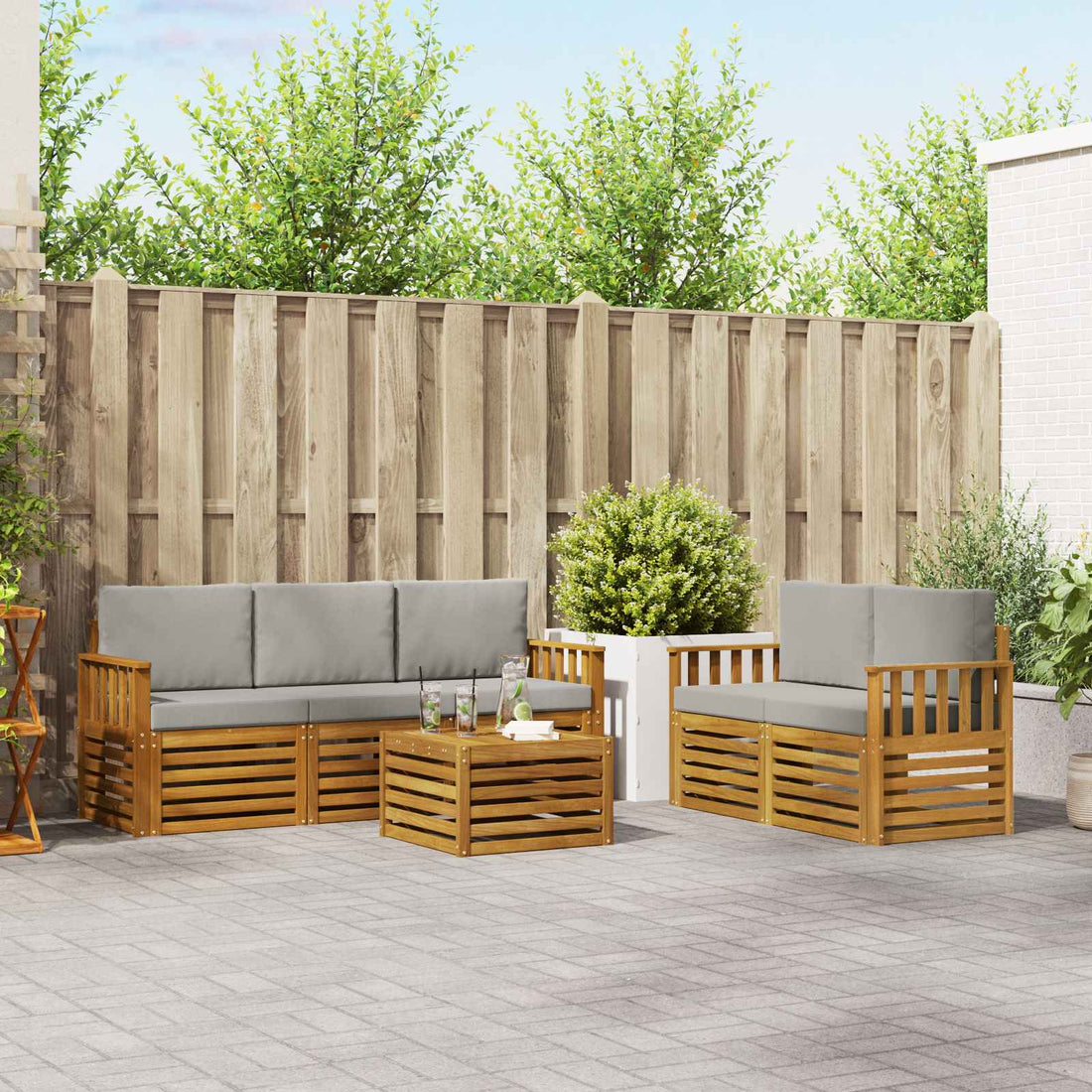 vidaXL Conjunto de sofás de exterior 6 uds. Natural y Gris Claro