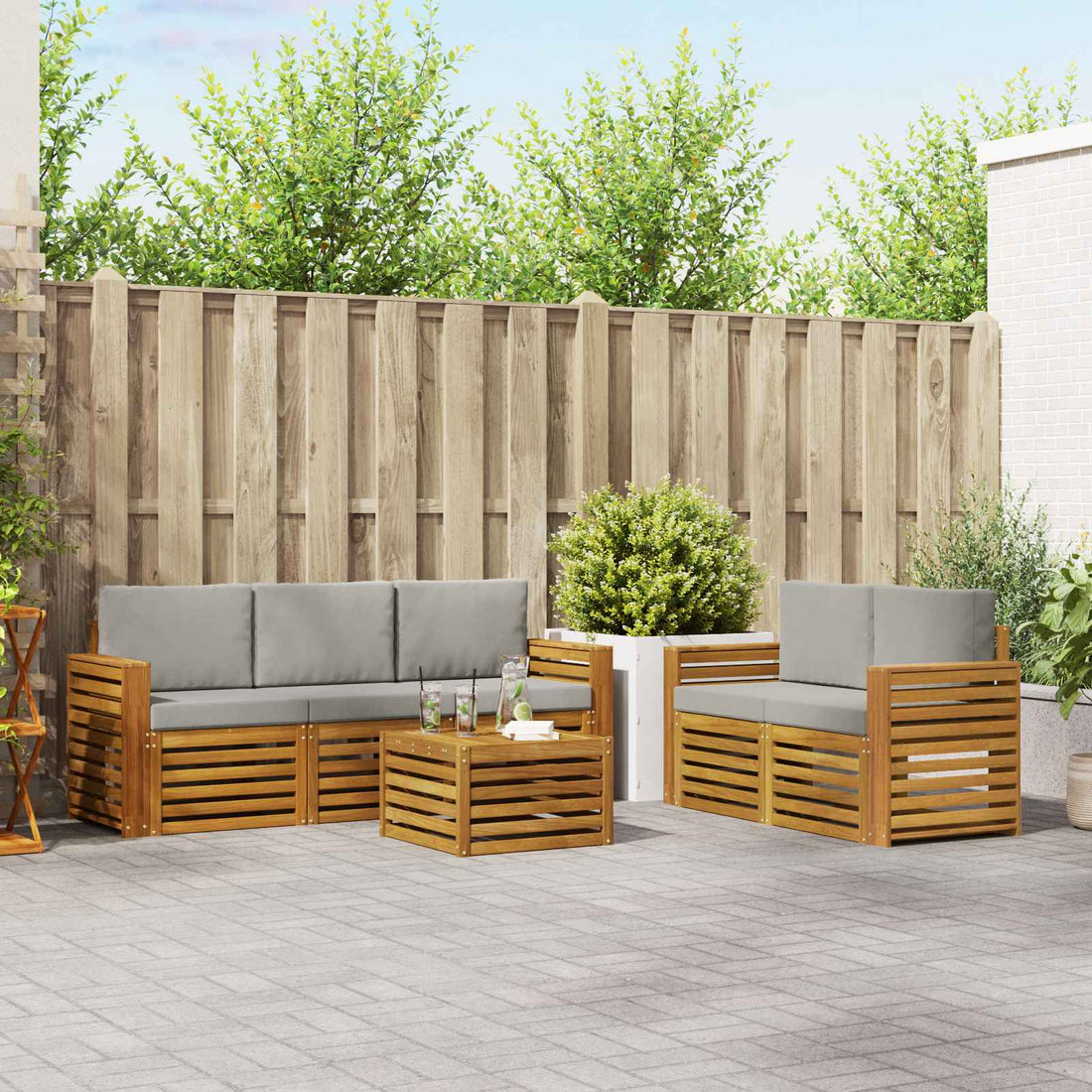 vidaXL Conjunto de sofás de exterior 6 uds. Natural y Gris Claro