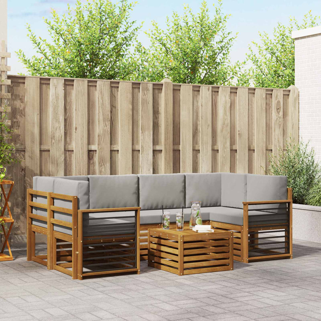vidaXL Conjunto de sofás de exterior 7 uds. Gris Natural y Claro
