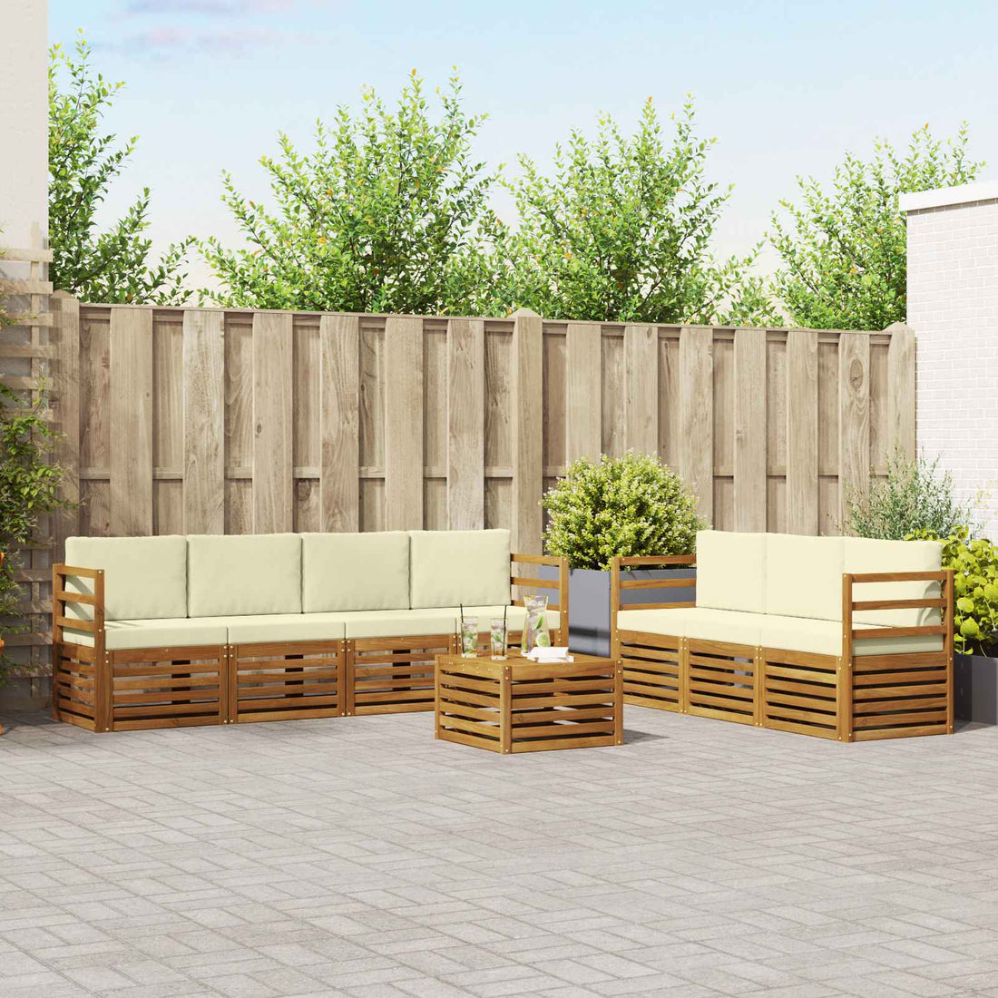 vidaXL Juegos de sofás 8 uds. Natural y Crema Madera de Acacia Sólida