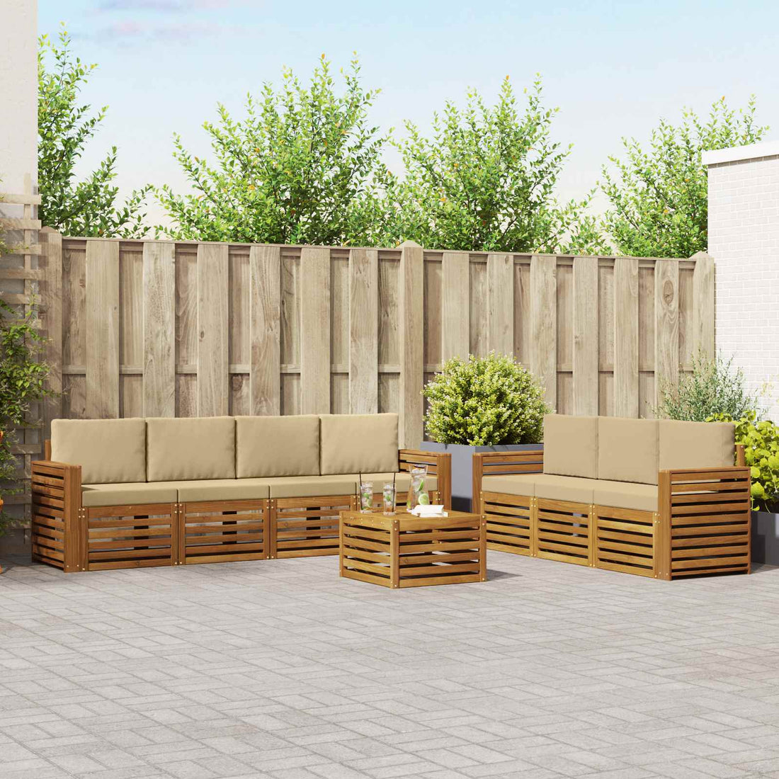 vidaXL Juegos de sofás 8 uds. Natural y Beige Madera de Acacia Sólida