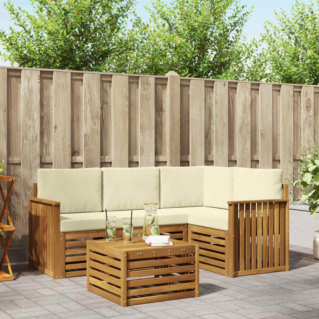 vidaXL Conjunto de sofás de exterior 5 uds. Natural y Crema Poliéster