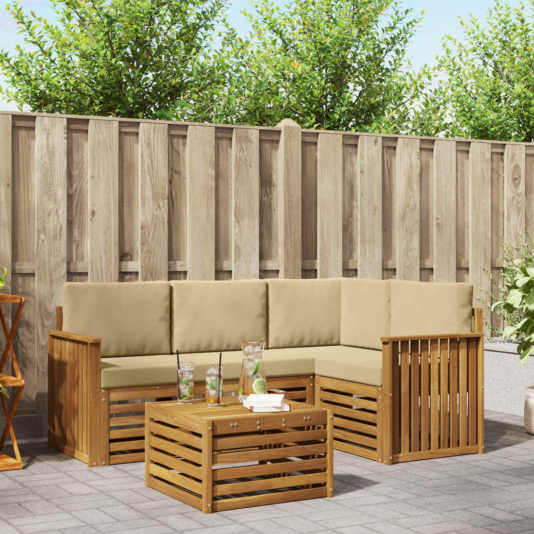 vidaXL Conjunto de sofás de exterior 5 uds. Natural y Beige Poliéster
