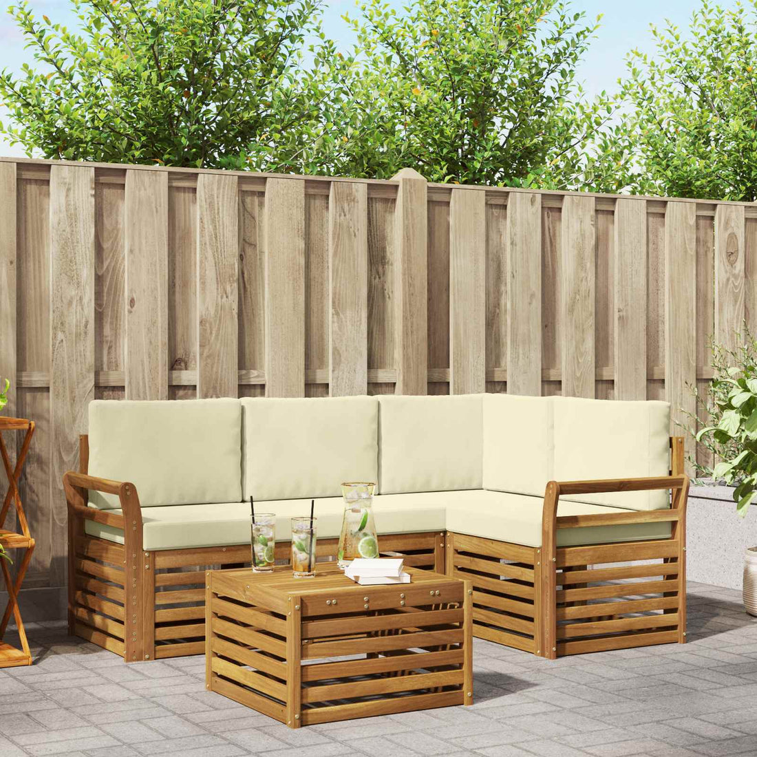vidaXL Conjunto de sofás de exterior 5 uds. Natural y Crema Poliéster