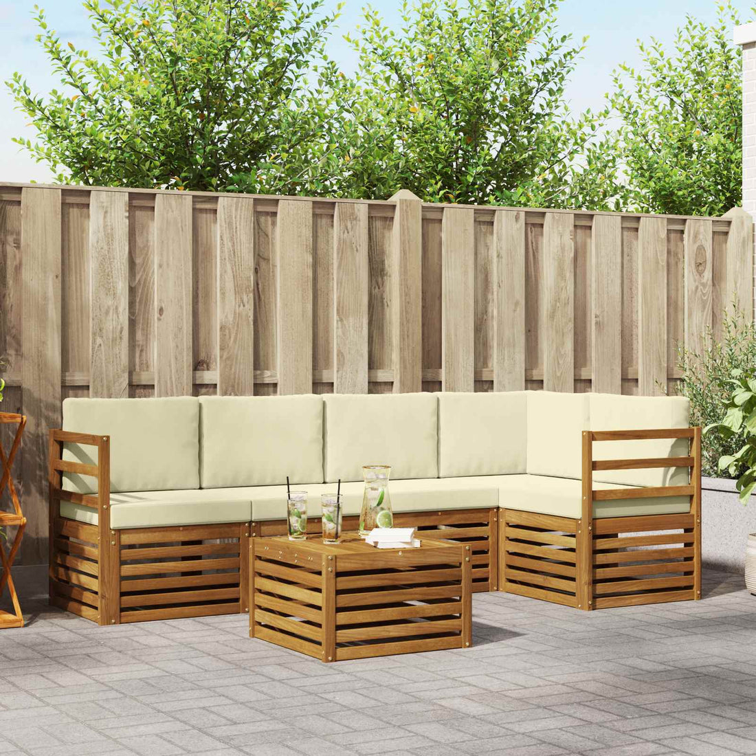 vidaXL Conjunto de sofás de exterior 6 uds. Natural y Crema Poliéster