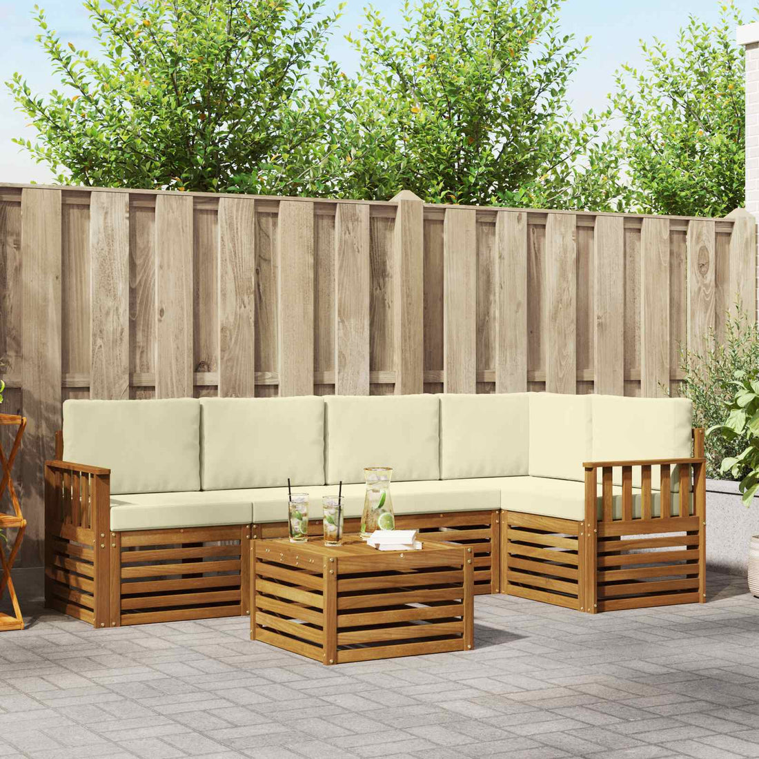vidaXL Conjunto de sofás de exterior 6 uds. Natural y Crema Poliéster