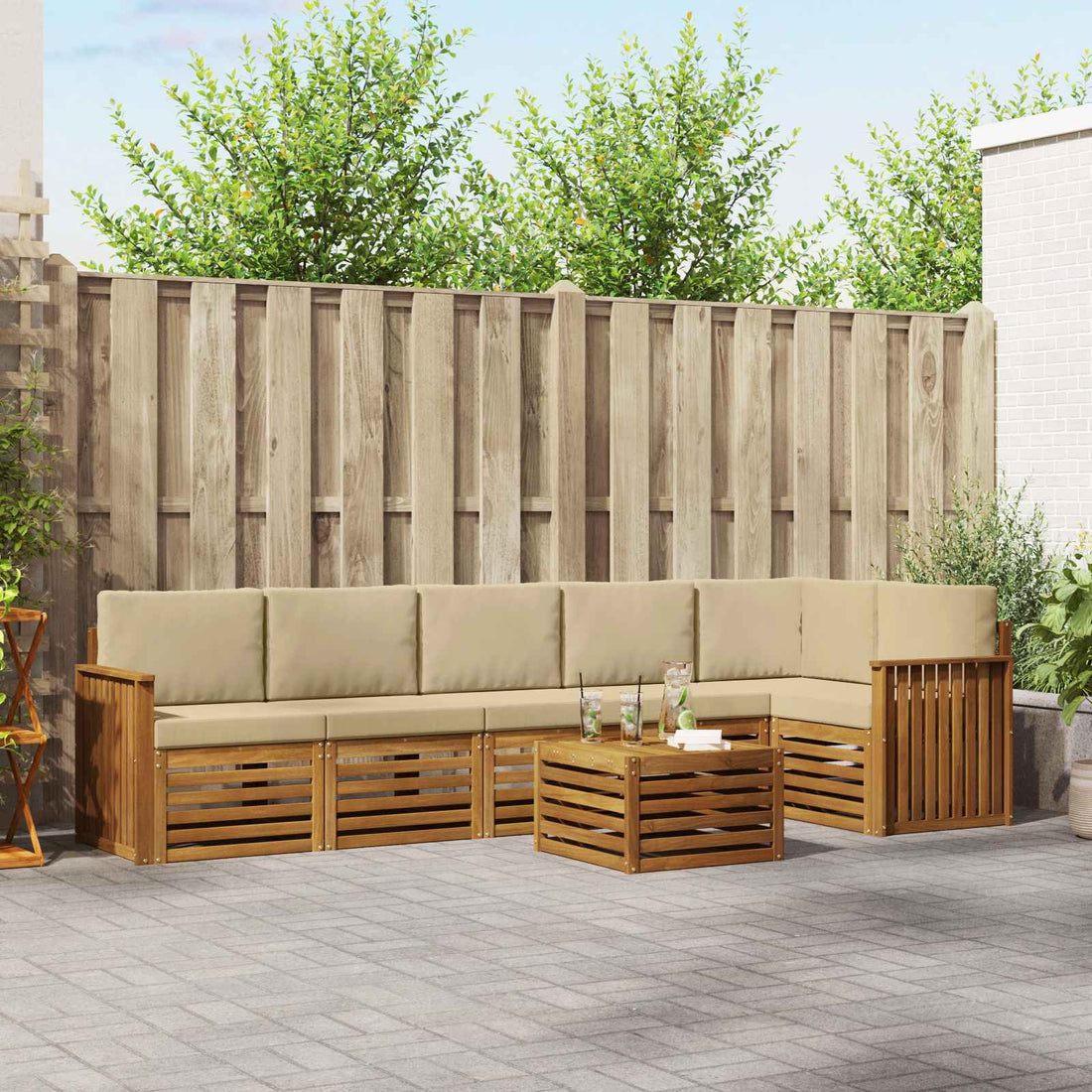 vidaXL Conjunto de sofás de exterior 7 uds. Natural y Beige Poliéster