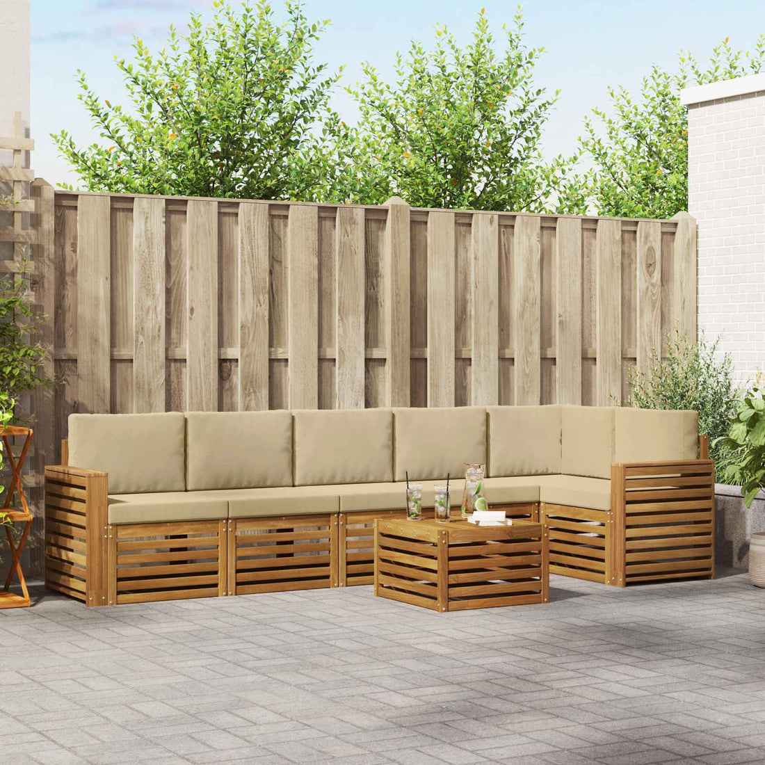 vidaXL Conjunto de sofás de exterior 7 uds. Natural y Beige Poliéster