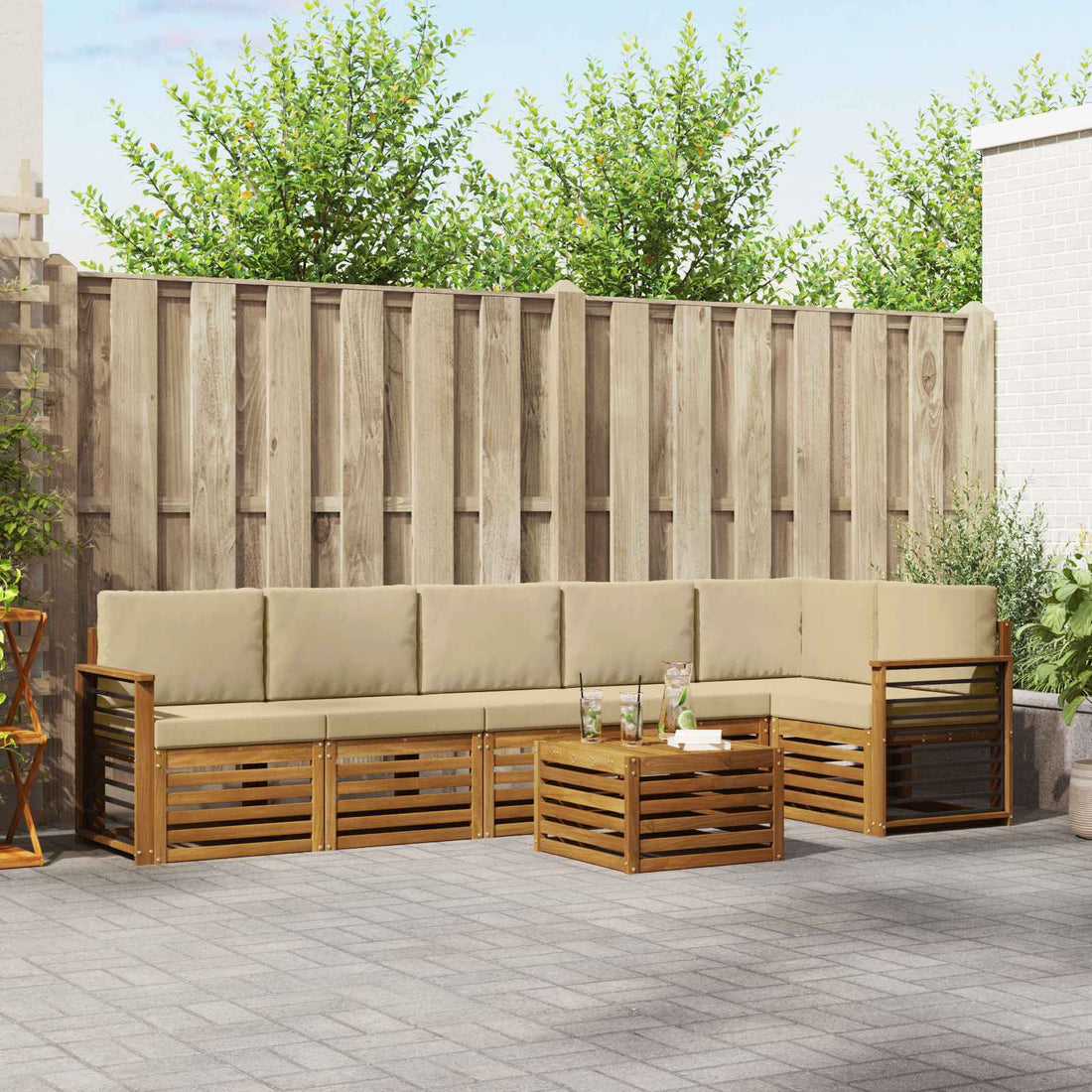 vidaXL Conjunto de sofás de exterior 7 uds. Natural y Beige Poliéster