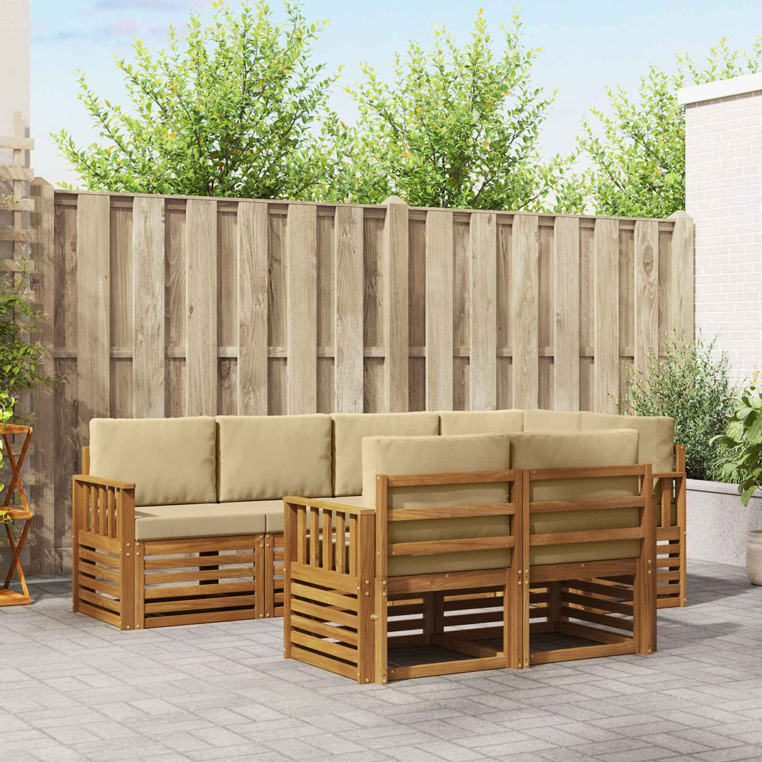 vidaXL Conjunto de sofás de exterior 7 uds. Natural y Beige Poliéster