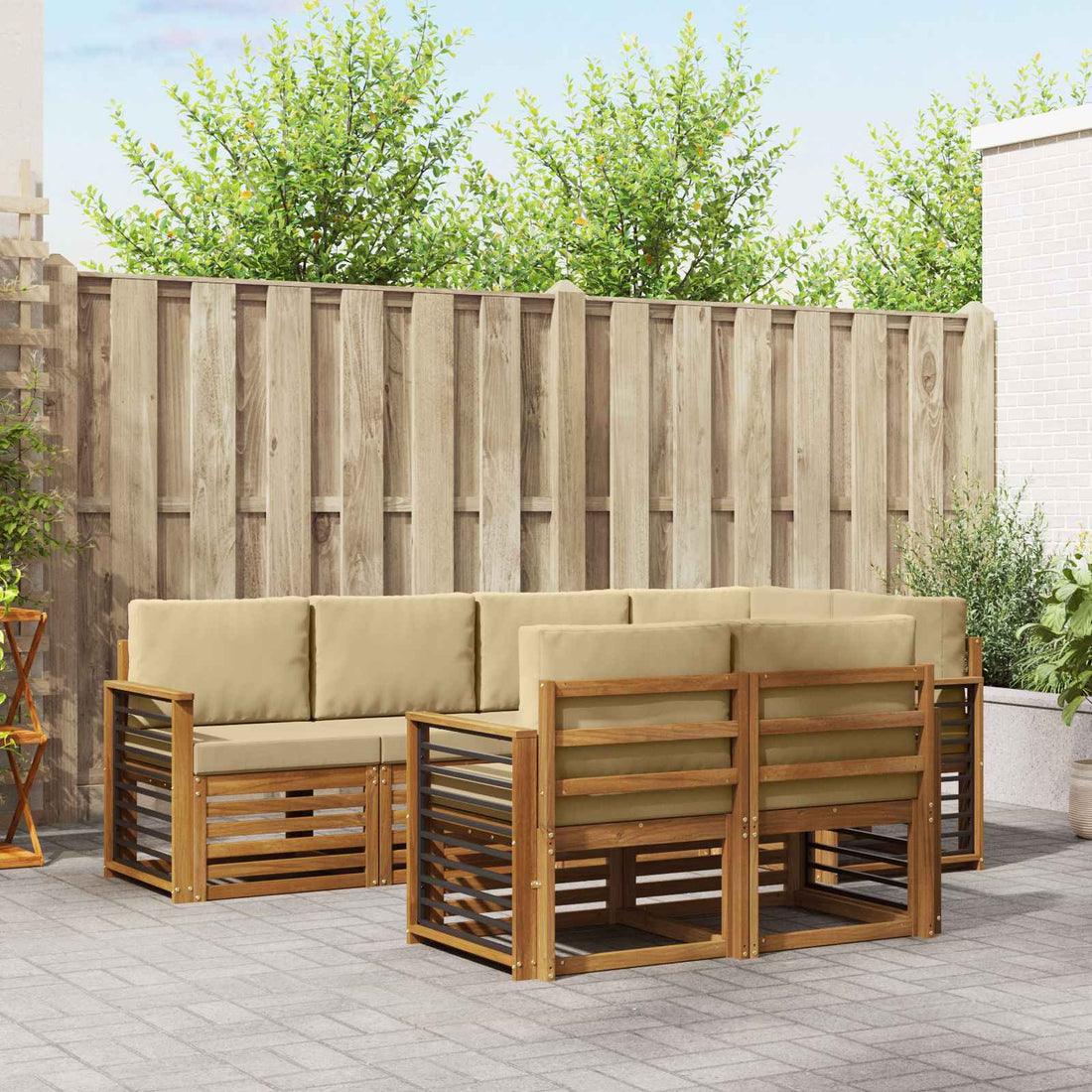 vidaXL Conjunto de sofás de exterior 7 uds. Natural y Beige Poliéster