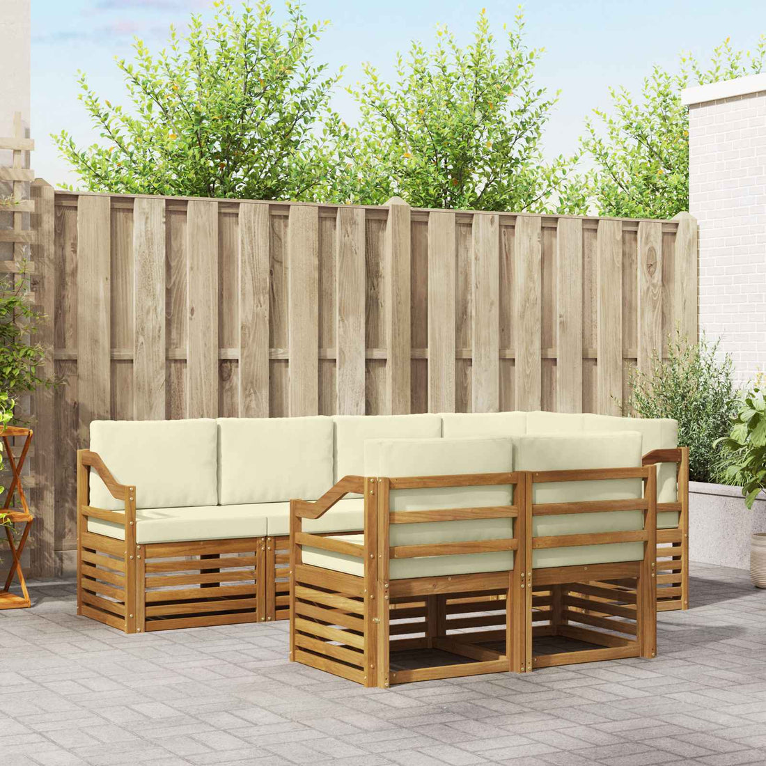 vidaXL Conjunto de sofás de exterior 7 uds. Natural y Crema Poliéster