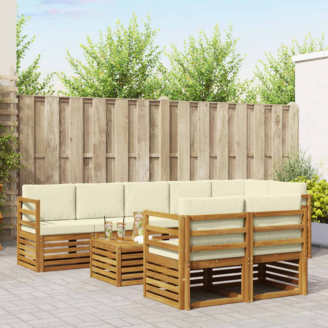 vidaXL Conjunto de sofás de exterior 9 uds. Natural y Crema Poliéster