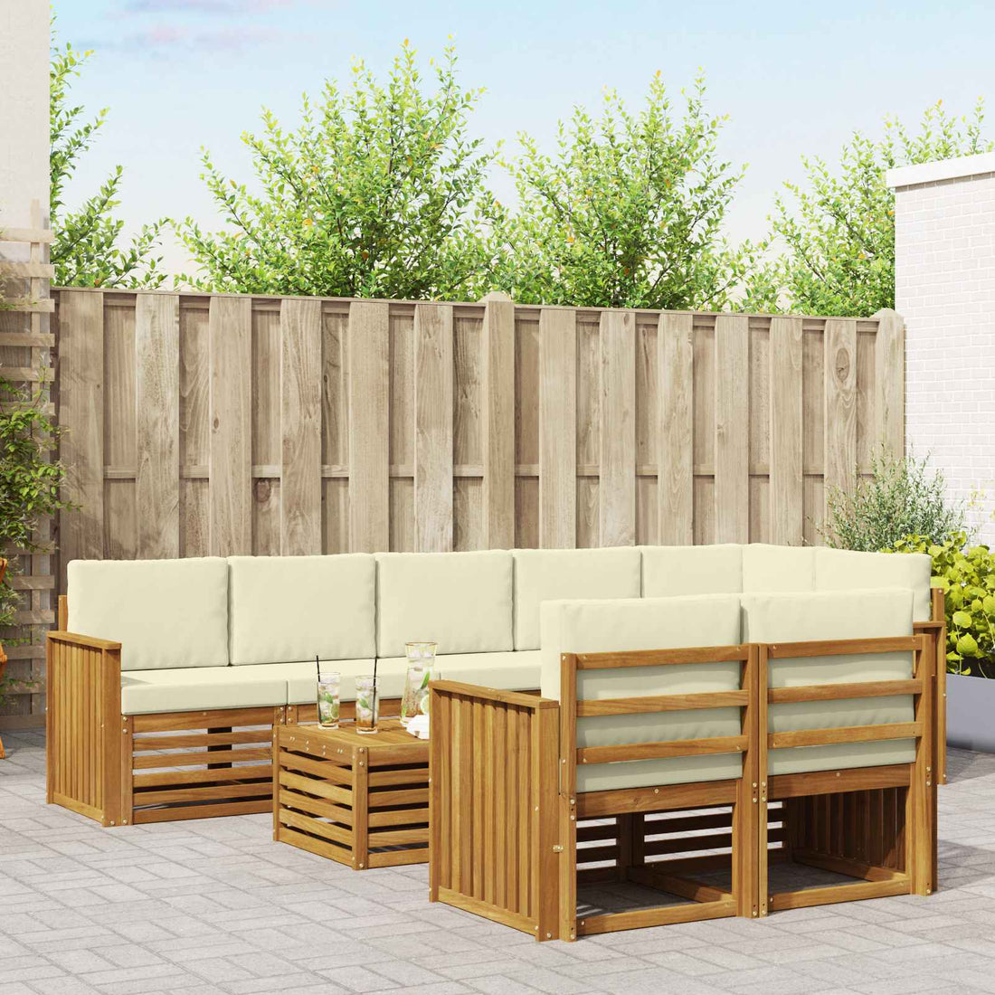 vidaXL Conjunto de sofás de exterior 9 uds. Natural y Crema Poliéster